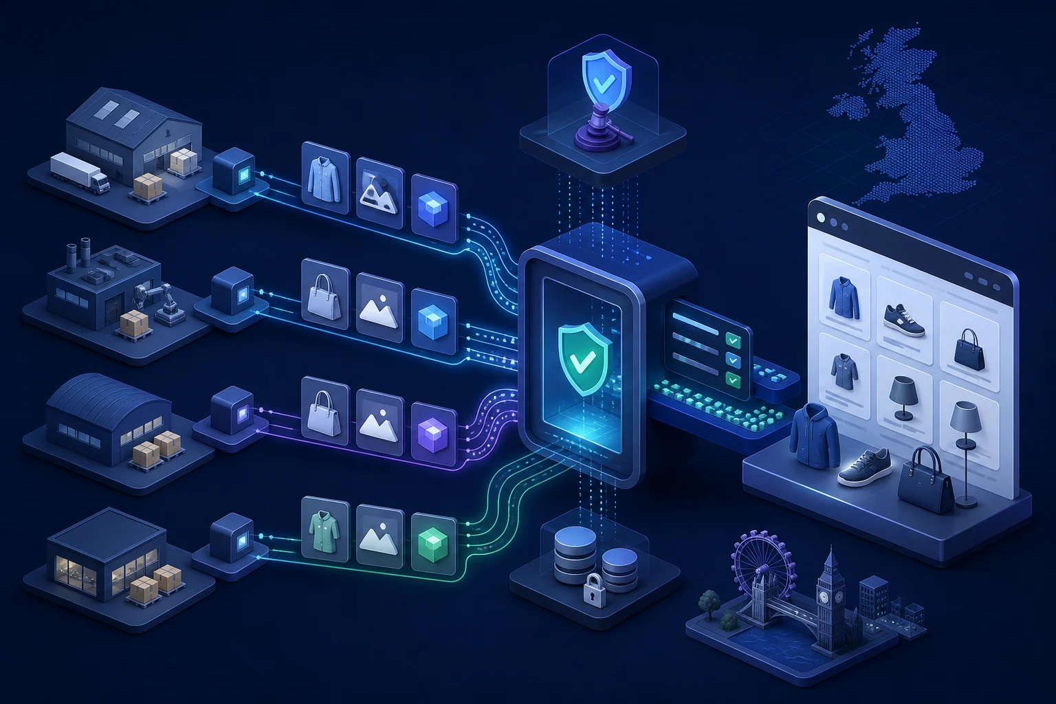 Multiple supplier product feeds passing through a governed validation layer into one clean Shopify catalogue.