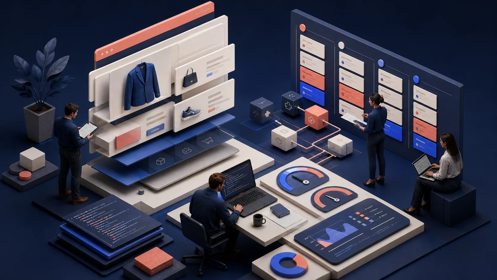 StoreBuilt Shopify theme technical debt audit visual showing storefront modules, integrations, performance controls, and engineering priorities.