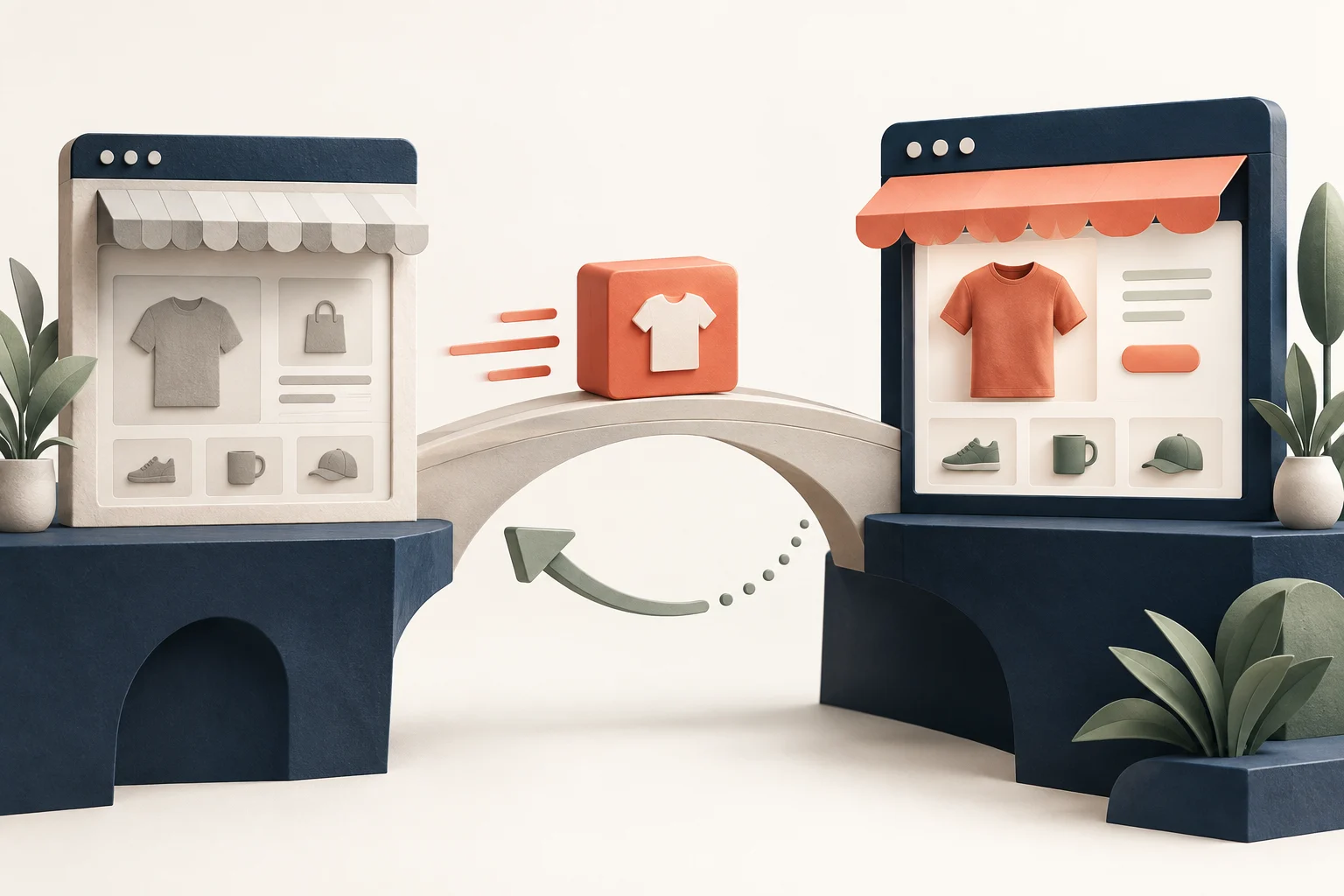 Two sophisticated ecommerce storefront windows on adjacent platforms, an intact coral custom component travelling across a bridge from the old window to the refreshed window, a smaller curved return path representing recovery.
