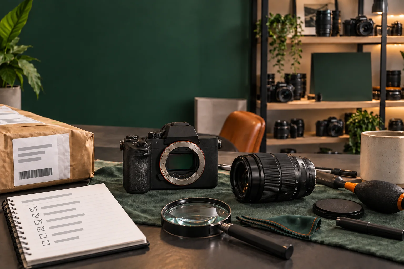 Used camera equipment at an inspection desk before trade-in valuation and resale.