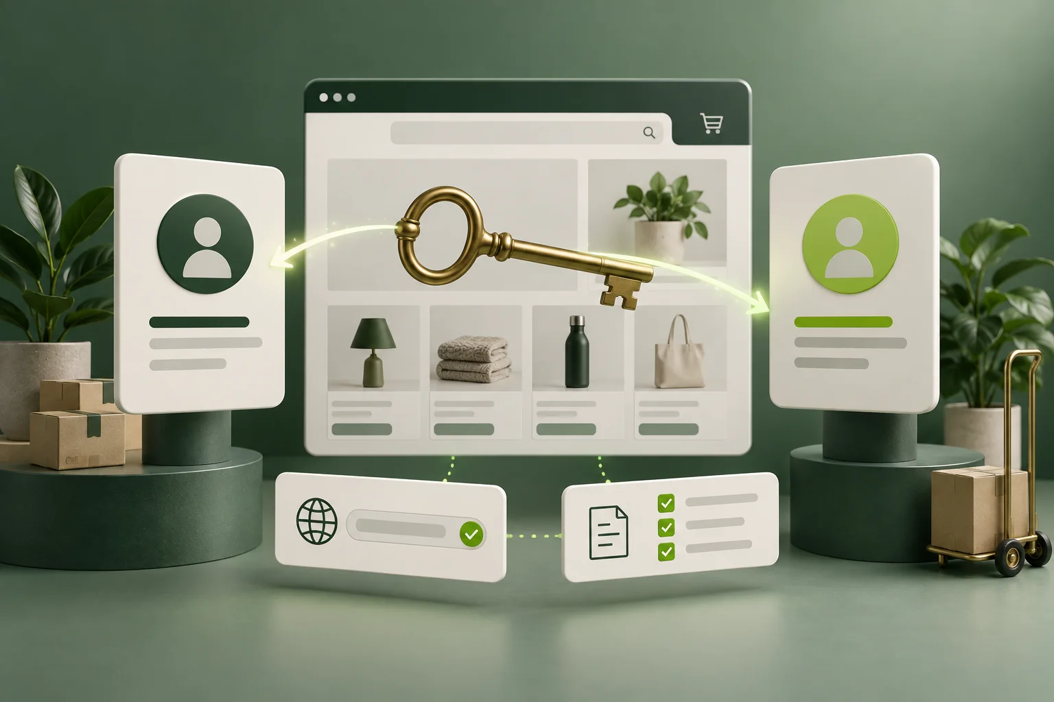 Two owner profile cards connected by a key above separate domain and billing checks.