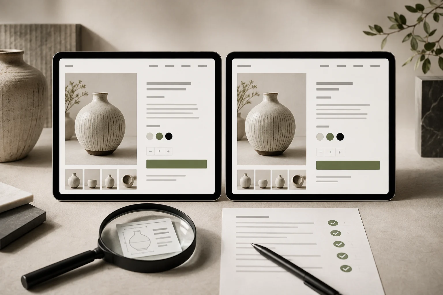 Matching ceramic product pages in two language layouts beside a translation review checklist.