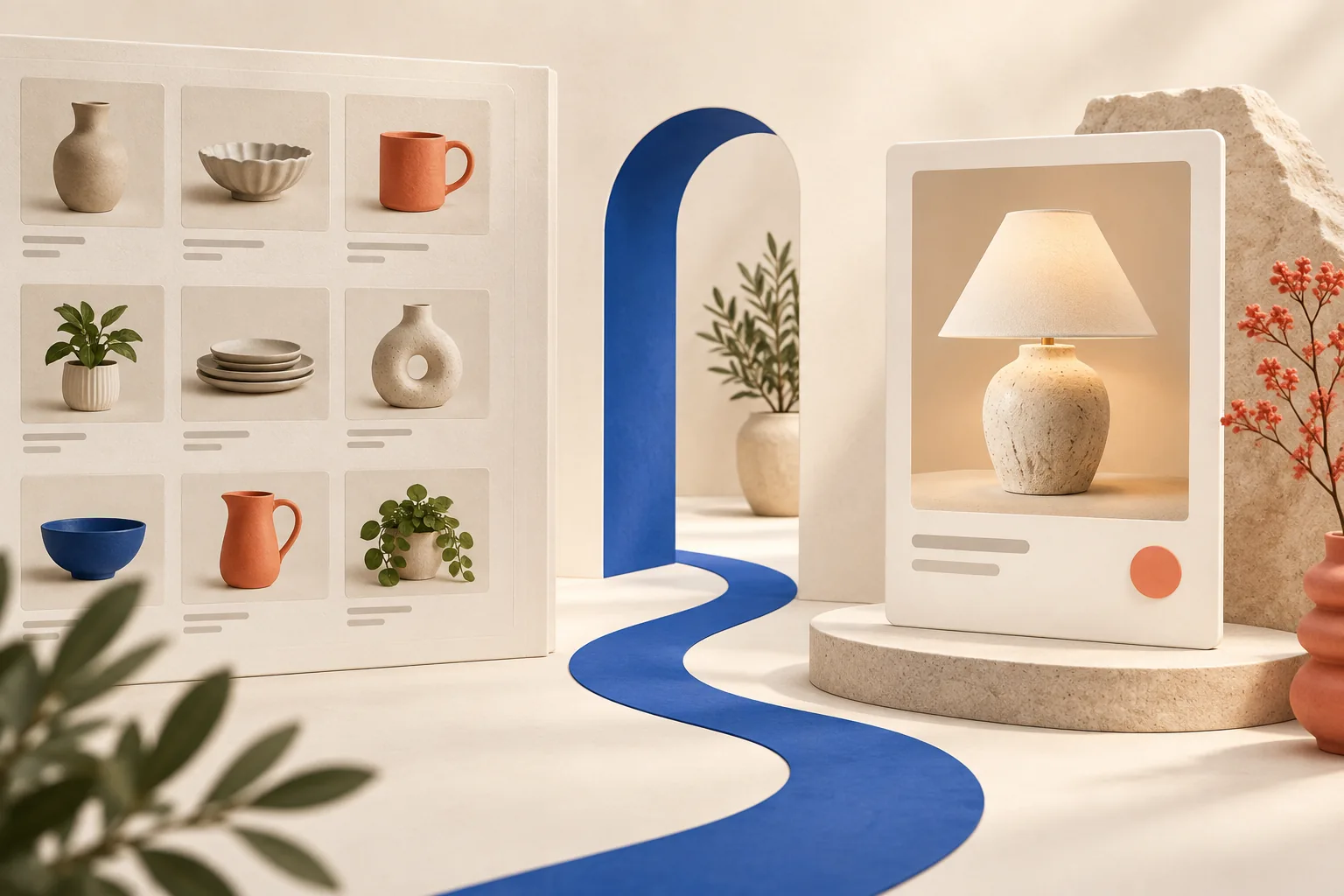A lamp product reached by a direct blue path beside a separate public catalogue.