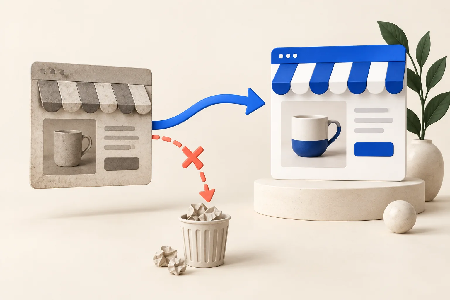A retired storefront linked directly to its replacement while an incorrect route is blocked.