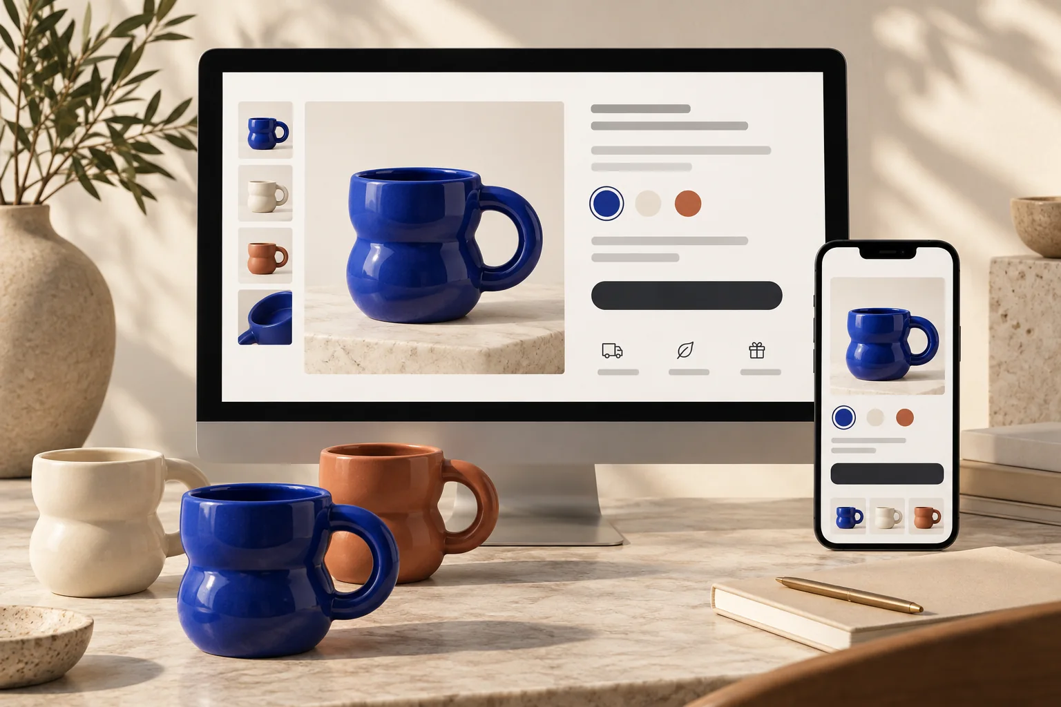 A cobalt mug matches the selected colour swatch on desktop and mobile product pages.