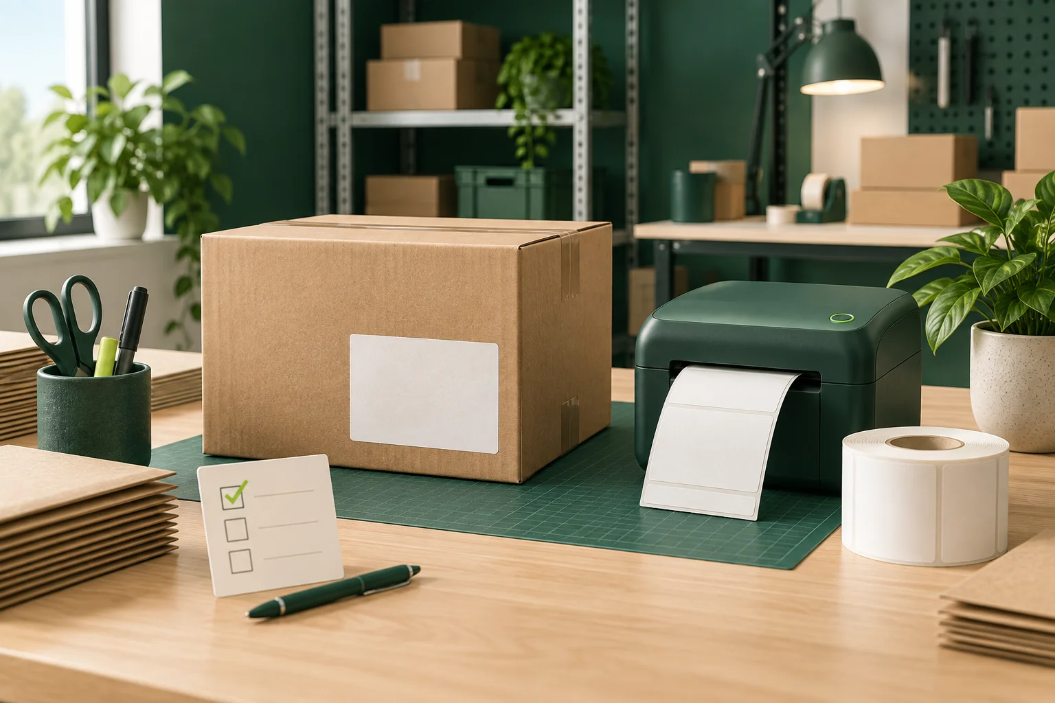 A parcel, label printer and packing checklist on an organised dispatch bench.