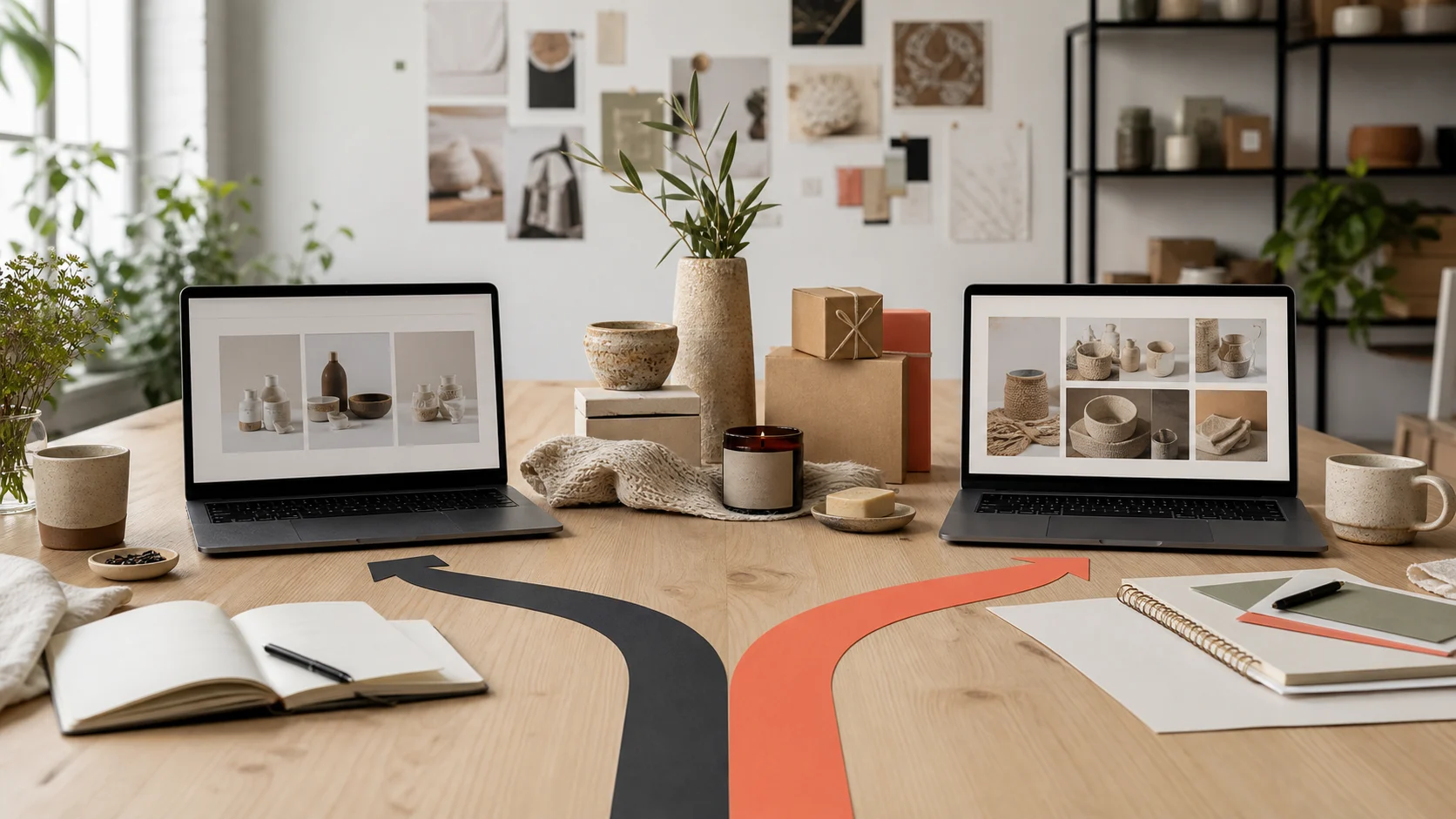 Editorial ecommerce workspace comparing an owned Shopify storefront with an artisan marketplace channel.