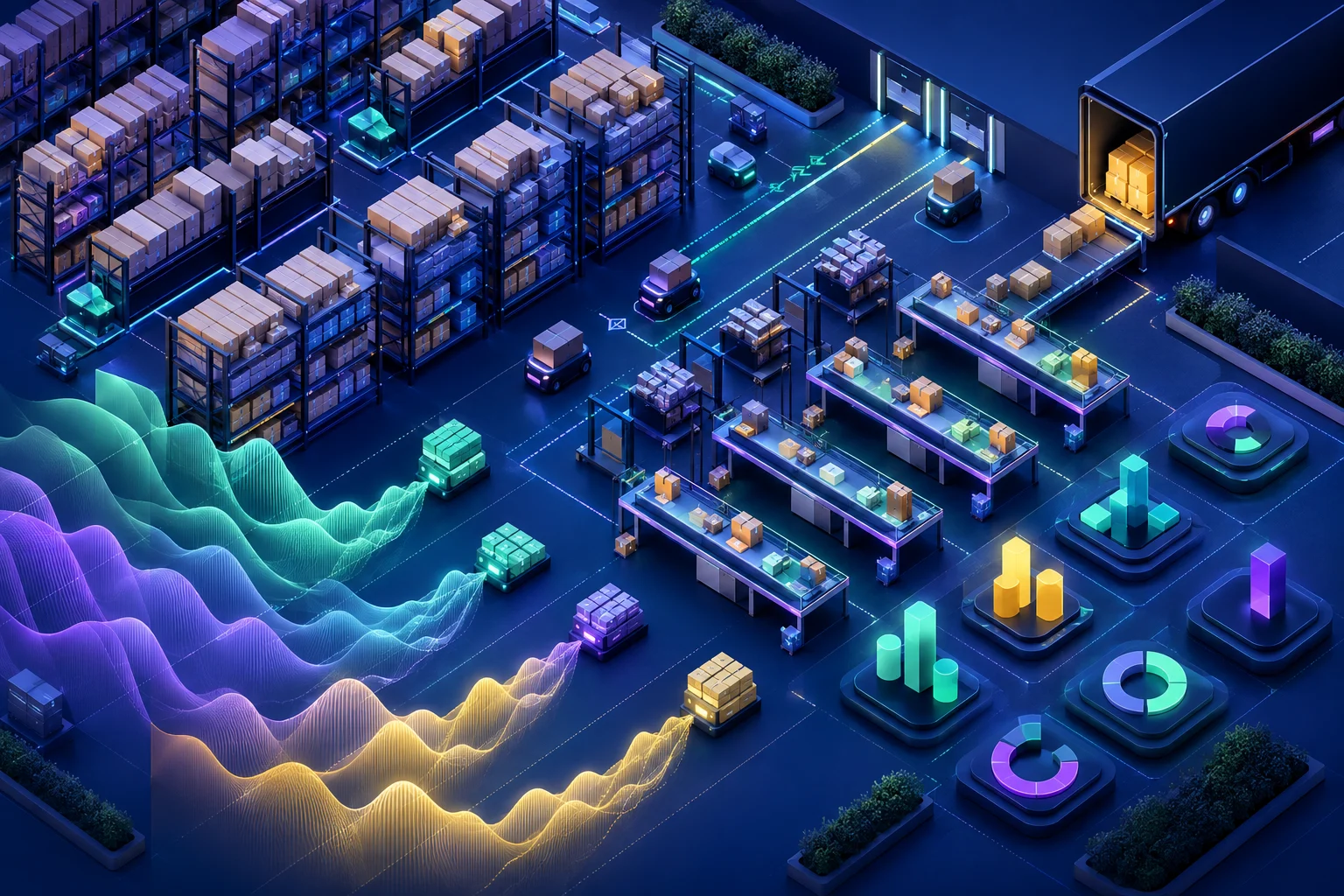 A modern fulfilment centre balancing incoming order waves across storage, packing and dispatch capacity.