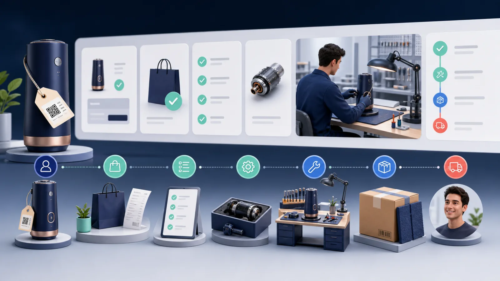 StoreBuilt Shopify warranty and repair portal visual connecting product registration, proof of purchase, fault triage, workshop repair, parts, and customer status.