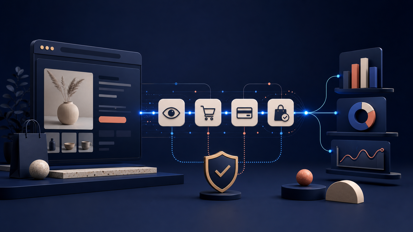A Shopify storefront sending governed customer events through a consent layer into analytics dashboards.