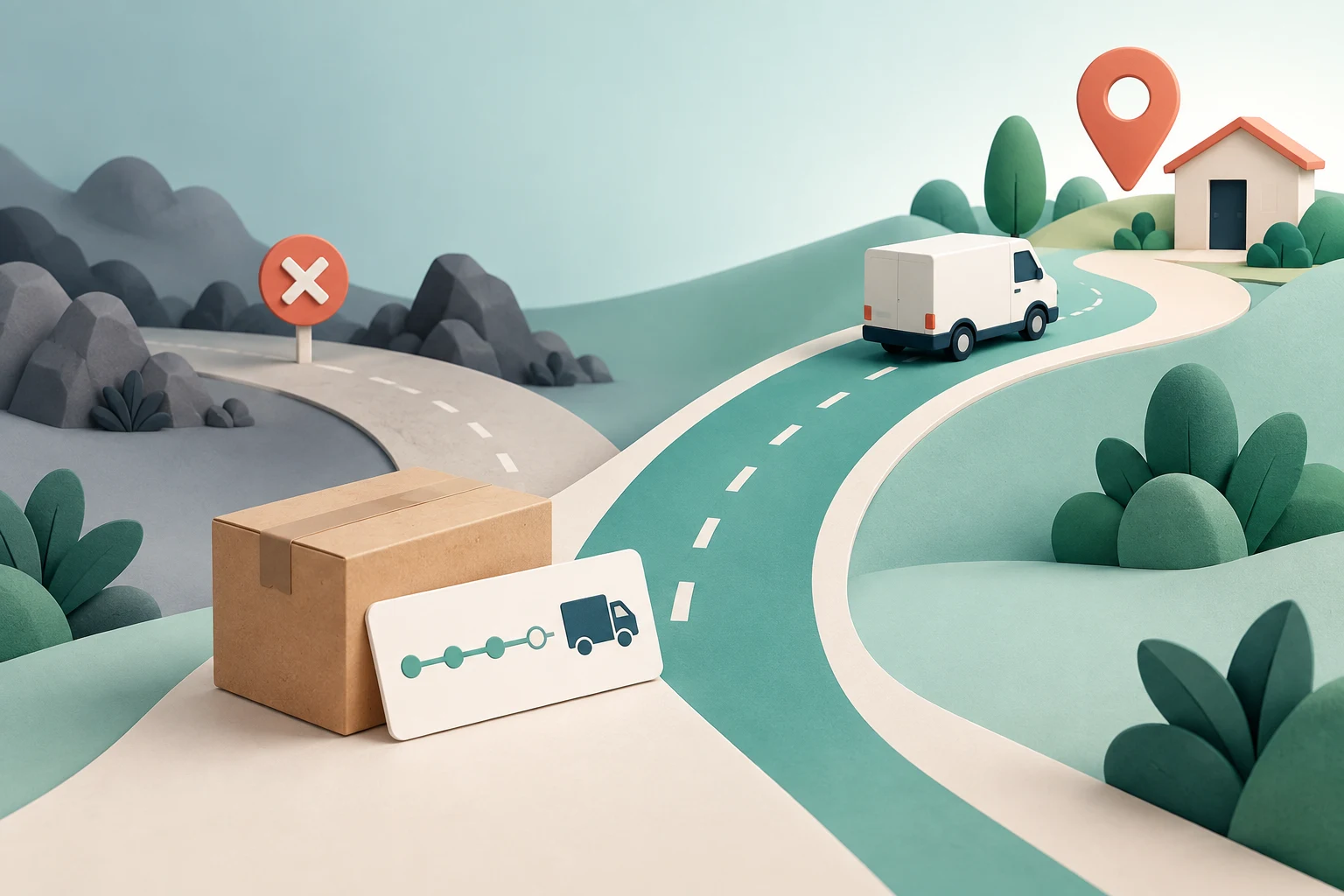 A parcel tracking path chooses the correct carrier route towards a delivery destination.