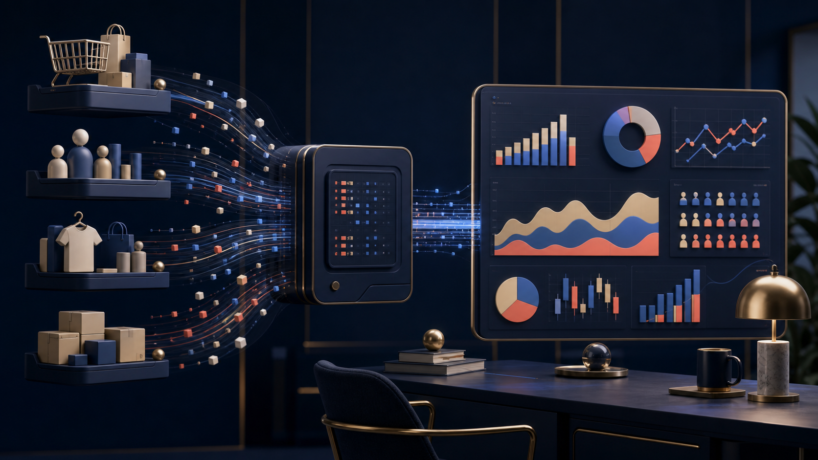 Shopify order, customer, product and inventory data flowing through a query layer into an executive ecommerce dashboard.
