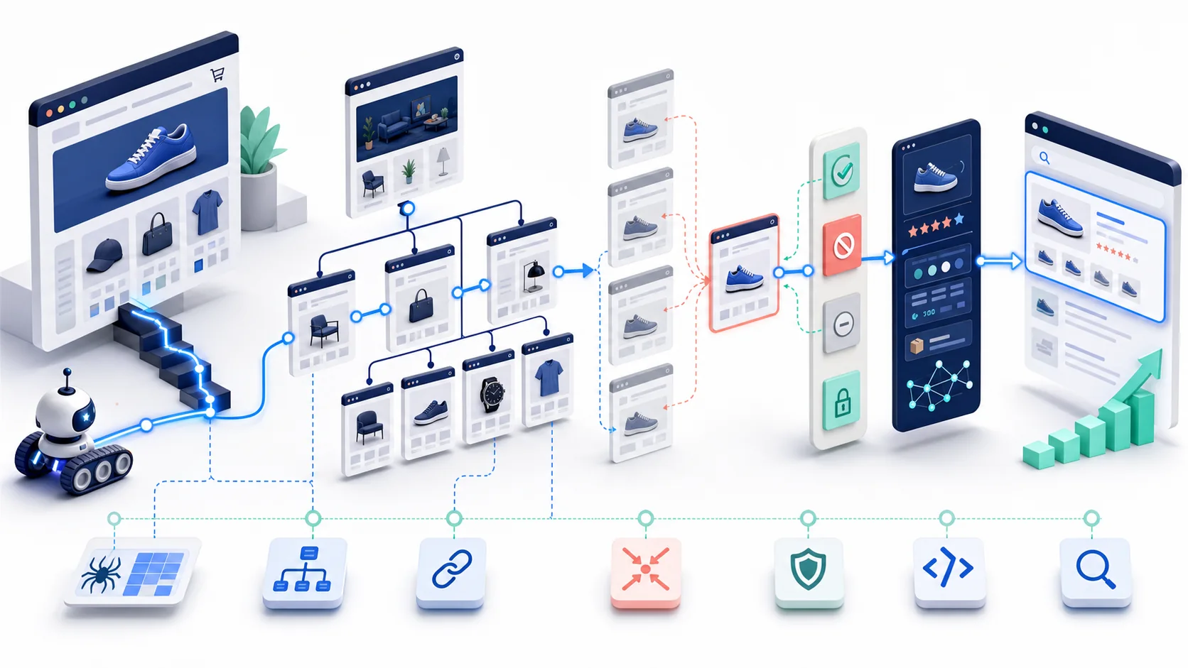 StoreBuilt technical ecommerce SEO visual showing crawl paths, collection architecture, canonical control, structured data, and search visibility.